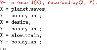 \begin{gprogram}
\redtt{?- is\_record(X), recorded\_by(X, Y).}\\
X = planet\_wa...
...\
Y = bob\_dylan ;\\
X = slow\_train,\\
Y = bob\_dylan ;\\
no
\end{gprogram}