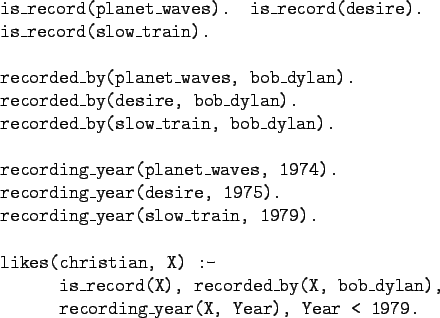 \begin{gprogram}
is\_record(planet\_waves). is\_record(desire). \\
is\_record(s...
..._by(X, bob\_dylan),\\
\xx recording\_year(X, Year), Year < 1979.
\end{gprogram}