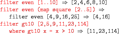\begin{gprogram}
\redtxt{filter even [1..10]} $\Rightarrow$\ [2,4,6,8,10] \\
\r...
...\\
\x \redtxt{where gt10 x = x > 10} $\Rightarrow$\ [11,23,114]
\end{gprogram}