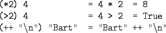 \begin{gprogram}
(*2) 4 \xxxxxx = 4 * 2 \xxx = 8 \\
(>2) 4 \xxxxxx = 4 > 2 \xxx...
...\backslash$n'') ''Bart'' \xxxxxx = ''Bart'' ++ ''$\backslash$n''
\end{gprogram}