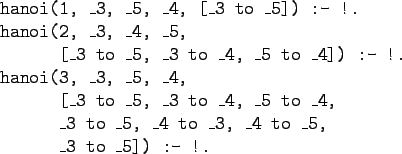 \begin{gprogram}
hanoi(1, \_3, \_5, \_4, [\_3 to \_5]) :- !.\\
hanoi(2, \_3, \_...
...\xx \_3 to \_5, \_4 to \_3, \_4 to \_5,\\
\xx \_3 to \_5]) :- !.
\end{gprogram}