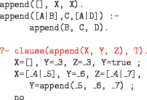 \begin{gprogram}
append([], X, X). \\
append([A\vert B],C,[A\vert D]) :- \\
\x...
...\_6, Z=[\_4\vert\_7], \\
\xx Y=append(\_5, \_6, \_7) ; \\
\x no
\end{gprogram}
