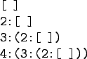 \begin{program}[\ ]\\
2:[\ ] \\
3:(2:[\ ]) \\
4:(3:(2:[\ ]))
\end{program}