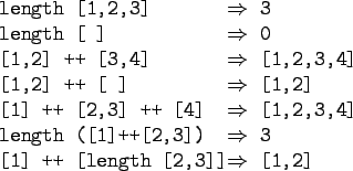 \begin{gprogram}
length [1,2,3] \xxxxxxx $\Rightarrow$\ \x 3 \\
length [\ ] \xx...
...\\
\mbox{[1] ++ [length [2,3]]} \xxxxxxx $\Rightarrow$\ \x [1,2]
\end{gprogram}