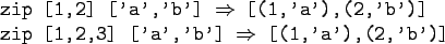 \begin{gprogram}
zip [1,2] ['a','b'] $\Rightarrow$\ [(1,'a'),(2,'b')] \\
zip [1,2,3] ['a','b'] $\Rightarrow$\ [(1,'a'),(2,'b')]
\end{gprogram}