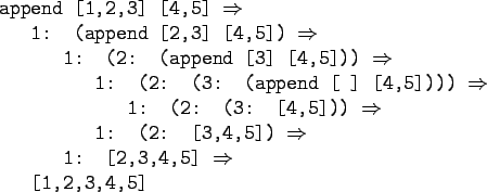 \begin{gprogram}
append [1,2,3] [4,5] $\Rightarrow$\ \\
\x 1: (append [2,3] [4,...
...htarrow$\ \\
\xx 1: [2,3,4,5] $\Rightarrow$\ \\
\x [1,2,3,4,5]
\end{gprogram}