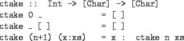 \begin{gprogram}
ctake :: Int -> [Char] -> [Char] \\
ctake 0 \_ \xxxxxxx = [\ ]...
... \xxxxxxx = [\ ] \\
ctake (n+1) (x:xs) \xxxxxxx = x : ctake n xs
\end{gprogram}