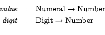 \begin{eqnarray*}
\mathit{value}& : & \mathrm{Numeral} \rightarrow \mathrm{Numb...
...thit{digit}& : & \mathrm{Digit} \rightarrow \mathrm{Number} \\
\end{eqnarray*}