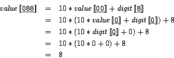 \begin{eqnarray*}
\mathit{value}\Sem{\:0:\:8:\:8:} & = & 10*\mathit{value}\Sem{...
...git}\Sem{\:0:} + 0) + 8\\
& = & 10*(10*0 + 0) + 8\\
& = & 8
\end{eqnarray*}