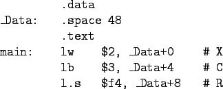 \begin{gprogram}
\xxx .data\\
\_Data:\xxx .space 48 \\
\xxx .text\\
main:\xxx...
...xxxx \char93  C\\
\xxx l.s \xx \$f4, \_Data+8 \xxxxx \char93  R
\end{gprogram}