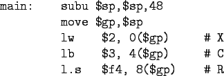 \begin{gprogram}
main:\xxx subu \$sp,\$sp,48 \\
\xxx move \$gp,\$sp \\
\xxx l...
...xxxxx \char93  C\\
\xxx l.s \xx \$f4, 8(\$gp) \xxxxx \char93  R
\end{gprogram}