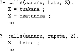 \begin{gprogram}
?- calls(aanaru, hata, Z). \\
\x Z = tuakana ; \\
\x Z = maat...
... \\
\\
?- calls(aanaru, rapeta, Z).\\
\x Z = teina ; \\
\x no
\end{gprogram}