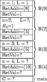 \begin{astack}{60}{20}{20}{0}
\arput{
\begin{arecord}{B(0)}
\arentry{n = 1; L =...
...\end{arecord}\begin{arecord}{main}
\arentry{C = ?}
\end{arecord}}
\end{astack}